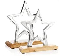 com-four® 2X étoile décorative Haut de Gamme - Statue étoile en Aluminium nickelé sur Un Socle en Bois de manguier - étoile décorative à Poser - Grande décoration étoile (argenté - mélange d'étoiles)