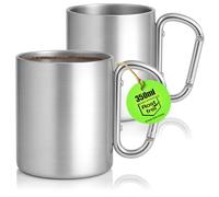 com-four® 2x Gobelets isothermes en acier inoxydable 350 ml avec mousqueton - Tasses à double paroi - Gobelets robustes pour camping, randonnée, voyage & extérieur (argent - 2x 350 ml)