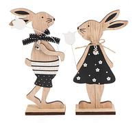 com-four® 2X Présentoirs décoratifs pour Pâques - Paire de Lapins de pâques avec Fleur - Deux Lapins de pâques à Poser (2 pièces - Noir/Blanc)