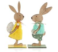 com-four® 2X Supports décoratifs pour Pâques - Paire de Lapins de Pâques avec œufs de Pâques - Lapins de Pâques à Poser - Décoration de Pâques en Bois (2 pièces - Jaune/Bleu)