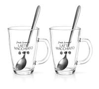 com-four® 2x Verres Latte Macchiato avec Anse et Cuillère, 345 ml | Avec inscription pour café, cappuccino, café au lait, cacao et thé - remplissage recommandé 285 ml