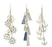 COM-FOUR® 3 Pièces décoration à Suspendre Maritime - Volant, Ancre et Phare avec Coquillages - décoration à Suspendre en Bois (Gris/Blanc/Bleu)