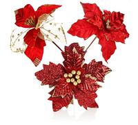 com-four® 3X compositions décoratives, des Fleurs artificielles comme Superbes décorations de Noël, de Belles décorations d'intérieur, également pour Les compositions Florales (Rouge + Couleur Or)