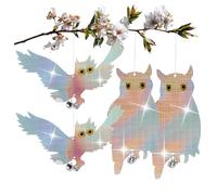 com-four® 4X Chouettes Factices, Effaroucheurs Visuels pour Oiseaux | Rapace artificiel à suspendre, avec clochette et film réfléchissant