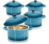 COM-FOUR® 4x cocotte avec couvercle en céramique - bol à dessert pour crème brûlée - mini cocotte pour aileron de ragoût et viande assaisonnée - bleu, env. 250/175 ml par plat (4 pièces - bleu)