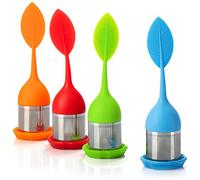 COM-FOUR® 4x Infuser à thé en acier inoxydable et silicone - passoire à thé avec couvercle et soucoupe - boule à thé (04 pièces - feuille 2 vert orange bleu rouge)