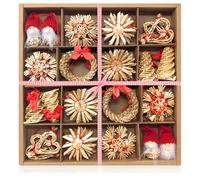 COM-FOUR® 56 pièces Ensemble d'étoiles en Paille de, étoiles, Cloches | sapins et figures traditionnelles d'arbre de Noël - petits pendentifs en paille comme décorations - tentures naturelles