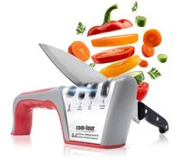 COM-FOUR® Aiguiseur de couteaux Premium à 4 niveaux, également adapté aux ciseaux - Aiguiseur de couteaux manuel professionnel (1 pièce - couleur argent. Gris. rouge)