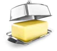 COM-FOUR® beurrier en acier inoxydable - grand beurrier en acier inoxydable - beurrier avec couvercle et poignée - lavable au lave-vaisselle - avec bouton (Acier inoxydable - avec bouton)