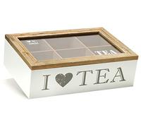 com-four® boîte de rangement pour sachets de thé - boîte à sachets de thé en bois blanc avec couvercle - boîte à thé avec 6 compartiments et fenêtre de visualisation (1 pièce - blanc/marron/gris)