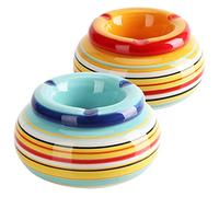 com-four® Cendrier à Vent en Céramique Dolomitique - Anti-tempête avec Rayures Colorées - Grand Format de Table avec Couvercle (02 Pièces 11cm Bleu Orange)
