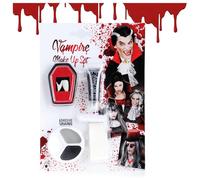 COM-FOUR® Coffret de Maquillage Halloween 5 pièces - Accessoires de Costume de Vampire avec Dents de Vampire, Faux Sang, éponge, Perles adhésives et Palette de Maquillage