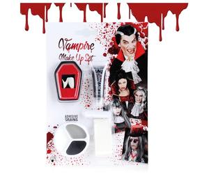 COM-FOUR® Coffret de Maquillage Halloween 5 pièces - Accessoires de Costume de Vampire avec Dents de Vampire, Faux Sang, éponge, Perles adhésives et Palette de Maquillage