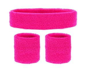 COM-FOUR® Ensemble d'accessoires 3 pièces - Bandeau et 2 Bracelets Rose Fluo - Look années 80 - Accessoires pour Carnaval, Carnaval, soirée à thème, JGA, Sport, aérobic, Tennis