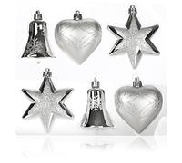 com-four® Ensemble de 6 décorations pour Sapin de Noël - Boules de Sapin de Noël de différentes Formes - Cloche, cœur et étoile à accrocher au Sapin de Noël (Couleur Argent)