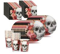 COM-FOUR® Ensemble de fête 64 pièces Dia de los Muertos - assiettes et gobelets en papier, serviettes avec tête de mort pour Halloween, le Jour des Morts ou une fête d'enfants