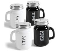 COM-FOUR® Ensemble salière et poivrière 4 pièces - shaker à épices avec couvercle à vis et poignée - pot à épices en forme de chope de bière avec inscription - shakers (4 parties - verre noir/blanc)