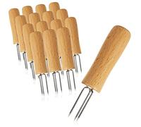 COM-FOUR® Fourchette à pommes de terre 16x avec 3 dents en acier inoxydable, antirouille, réutilisable comme brochette de maïs, aide à éplucher (16 pièces - bois)