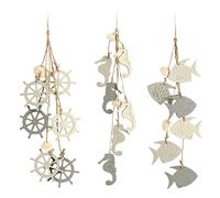 Com-four Lot de 3 décoration maritime - Gouvernail, poissons et hippocampe avec coquillage - Bois (3 pièces - Gris/blanc)suspendre