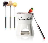 COM-FOUR® Service à fondue au chocolat avec étiquette - Fondoir à chocolat et fromage - Bol en céramique avec photophore et 4 fourchettes - Fondoir à tremper pour 4 personnes (blanc - lettrage)