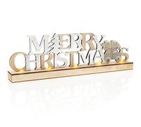 COM-FOUR® Support décoratif LED en bois - lettrage lumineux sur socle en bois - lettrage décoratif à poser pour Noël - lumière d'ambiance avec minuterie (couleur argent)