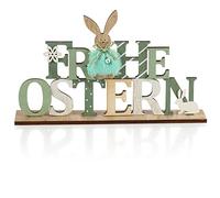COM-FOUR® Support décoratif pour Pâques - Inscription avec Lapins de Pâques - Décoration de Pâques à Poser - Décoration de Pâques en Bois avec Cloches (1 pièce - Lapin et Fleur)