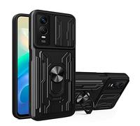 COMAKU Coque Armor pour Vivo Y76 5G / Y76S 5G, Housse TPU+PC Multifonction Antichoc avec Coulissante Couverture et Anneau Béquille - Noir