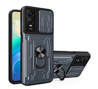 COMAKU Coque Armor pour Vivo Y76 5G / Y76S 5G, Housse TPU+PC Multifonction Antichoc avec Coulissante Couverture et Anneau Béquille - Gris