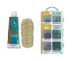 Comap S102104 Kit de Etanchéité pâte à joint 50 ml avec bobine de filasse 40 g & Coffret de 70 Joints fibre/caoutchouc