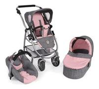 Combi 3 En 1 Pour Poupee Et Poupon : Poussette Landau Cosy - Rose / Gris - Poignee 55 À 82 Cm