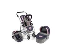 Combi 3 en 1 : Poussette, landau, cosy pour poupee et poupon - Gris bleu Coeur rose 67x43x77cm - Pliable, reglable 55-82 cm