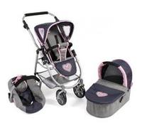 Combi 3 En 1 : Poussette, Landau, Cosy Pour Poupee Et Poupon - Gris Bleu Coeur Rose 67x43x77cm - Pliable, Reglable 55-82 Cm