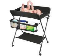 Combi à langer pour bébé - Commode à langer pliable, table à langer mobile avec matelas à langer, ceinture de sécurité et compartiments de rangement, peu encombrante et stable - 80 x 66 x 98 cm (noir)