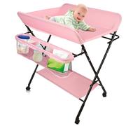 Combi à langer pour bébé - Commode à langer pliable, table à langer mobile avec matelas à langer, ceinture de sécurité et compartiments de rangement, peu encombrante et stable - 80 x 66 x 98 cm - Rose