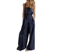 Combi Femme Ete Fluide Dot Jumpsuit Summer Wide Print Pantalon Salopette Jambe sans Manches Bib Casual Women's Women's Jumpsuit Robe Boheme Mariage (Navy, XL)
