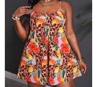 Combi-short ample pour femme, style casual, coupe trapèze, encolure en V, avec détail de finition ajouré 0XL,1XL,2XL,3XL,4XL,5XLAnimal,Imprimé léopard,Plantes,Tout Imprimé,Motif texturéTissu tissé