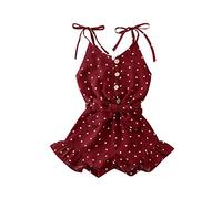 Combi short Enfant Fille à Bretelle Été Combinaison Sans Manches Imprimé Coeur avec Ceinture Jumpsuit Barboteuse à Volants Chic Casual Mode pour Enfant en Bas Âge Bébé Fille 1-6 Ans (Rouge , 3-4 Ans )