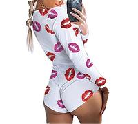 Combi-Short Femme Body Combinaison Casual Sexy à Manches Longues Été Barboteuse Pyjama à Col en V Imprimée Grand Taille Combi Décontracté Chic Jumpsuit de Sport de Yoga Femme (Lèvre, S)