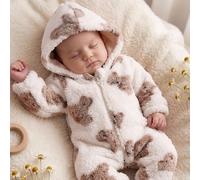 Combinaison à capuche décontractée pour nouveau-né garçon/fille, blanche, douce et moelleuse, avec motif ours de dessin animé, tenue d'intérieur pour l'automne/l'hiver 6-9M,0-1M,1-3M,3-6MTout ImpriméF