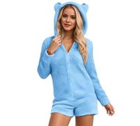 Combinaison à capuche unie comme short décontracté avec manches longues et poches pratiques pour un vêtement de nuit confortable, bleu ciel, 5XL