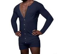 Combinaison à manches longues pour homme, barboteuse courte boutonnée, décontractée, une pièce avec poches pour le printemps et l'été, blanc, taille XL (bleu marine)