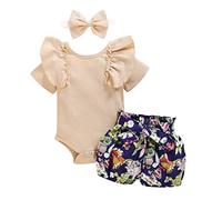 Combinaison à manches pour fille + pantalon court floral + rameur de cheveux côtelé pour bébé tout-petit fille tenues & ensemble vêtements pour nouveau-né, beige, 12-18 mois
