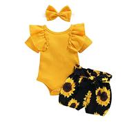 Combinaison à manches pour fille + pantalon court floral + rameur de cheveux côtelé pour bébé tout-petit fille tenues & ensemble vêtements pour nouveau-né, jaune, 6-12 mois
