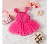Combinaison À Manches Volantes À Mailles Élégantes Pour Bébé Fille Avec Volants En Maille Style Mignon Et Cool, Parfait Pour Les Occasions Quotidiennes En Printemps Et Été, En Rose 6-9M,9-12M,12-18M,0