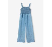 Combinaison à mocks brodée fleurs fille en denim léger bleu clair 4A