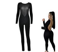 Combinaison à ouverture au dos, barboteuse sans dos à manches longues - Combinaisons sexy pour femmes - Leggings moulants pour vêtements de disco d'automne, Noir , L