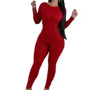 Combinaison à ouverture au dos, barboteuse sans dos à manches longues - Combinaisons sexy pour femmes - Leggings moulants pour vêtements de disco d'automne, rouge, L