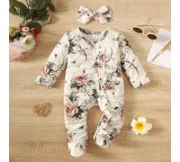 Combinaison à pied avec imprimé floral à manches longues pour bébé fille avec fermetures à pression et bandeau assorti, printemps/automne, taille 1-12 mois 6-9M,9-12M,1-3M,3-6MAnimal,Floral,PlantesPol