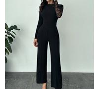 Combinaison ajustée à manches longues avec patchwork en dentelle noire pour femmes, élégante/de bureau/décontractée/vacances/sexy/fête/professionnelle L,M,S,XSBlocs de couleur,UnicoloreTissu tricoté