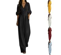 Combinaison ample à col en V pour femme, tenue d'été élégante une pièce avec ceinture à nouer, combinaison habillée ample à manches courtes avec poches pour les fêtes, les vacances et les tenues